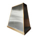 Classic tapered stainless steel custom range hood with brushed brass apron and edge trim by Range Hood Master for luxury kitchens.