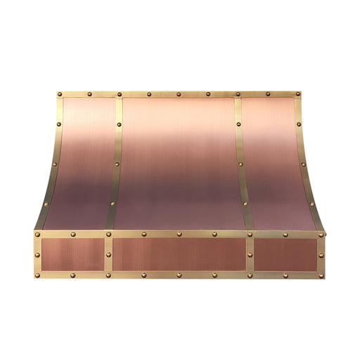 copper range hood in nature copper with brass straps sloped design at RangeHoodMaster