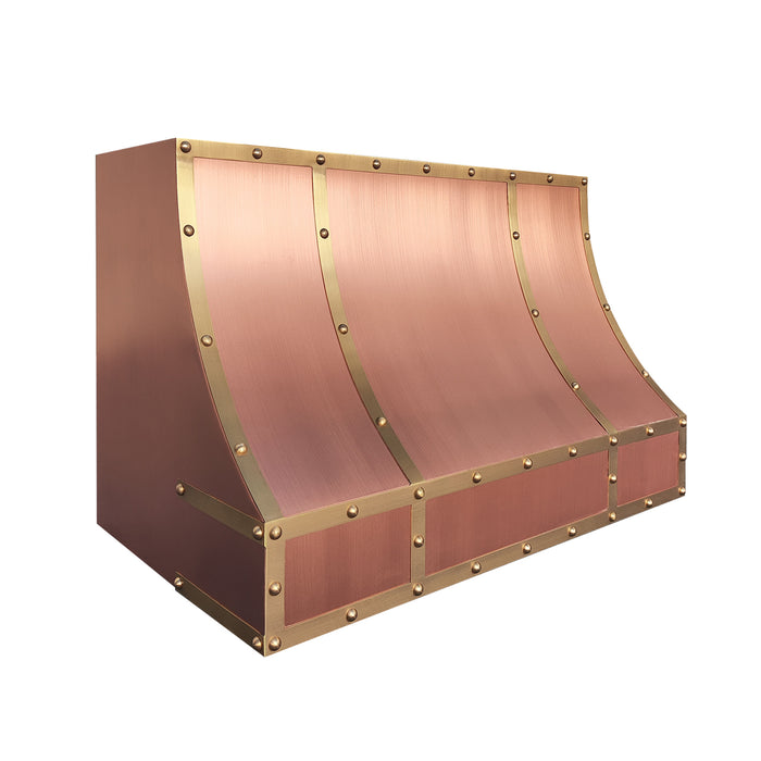 copper range hood in nature copper with brass straps sloped design at RangeHoodMaster
