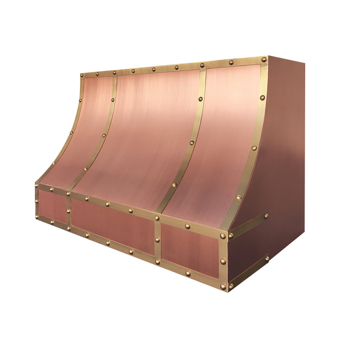 copper range hood in nature copper with brass straps sloped design at RangeHoodMaster