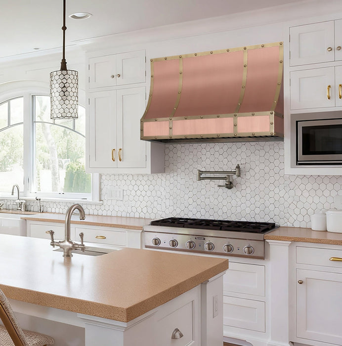 copper range hood in nature copper with brass straps sloped design at RangeHoodMaster