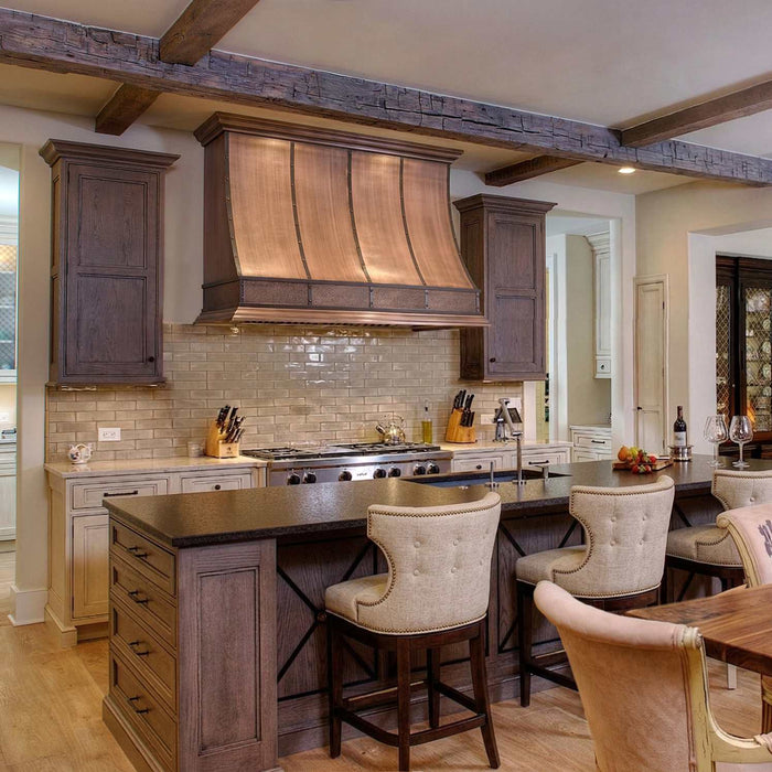 rangehoodmaster medium patina copper range hood with hammered apron