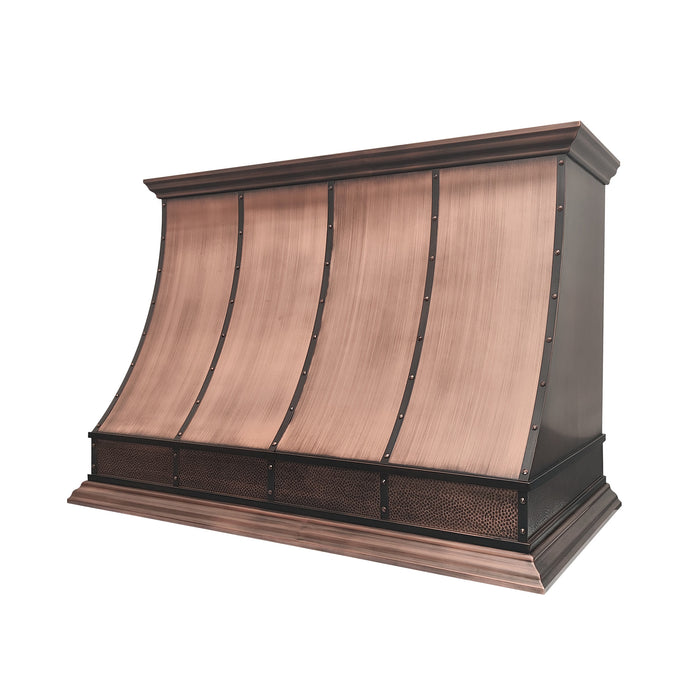 rangehoodmaster handcrafted copper kitchen vent hood with dark straps and rivets