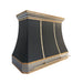 custom satinless steel range hood in matte black painted body with brushed brass and brushed stainelss steel straps and rivets and pot rail at RangeHoodMaster