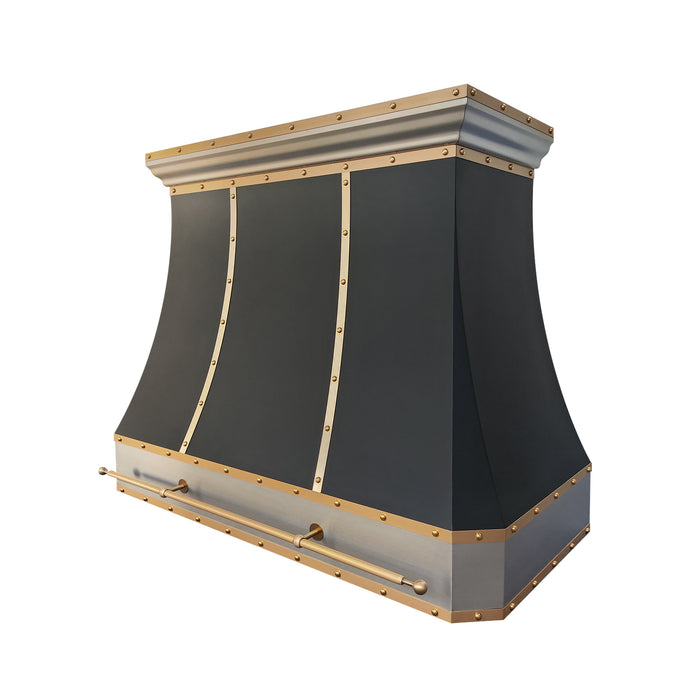 custom satinless steel range hood in matte black painted body with brushed brass and brushed stainelss steel straps and rivets and pot rail at RangeHoodMaster