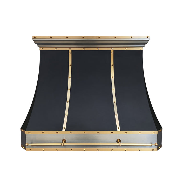 custom satinless steel range hood in matte black painted body with brushed brass and brushed stainelss steel straps and rivets and pot rail at RangeHoodMaster