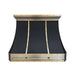custom satinless steel range hood in matte black painted body with brushed brass and brushed stainelss steel straps and rivets and pot rail at RangeHoodMaster