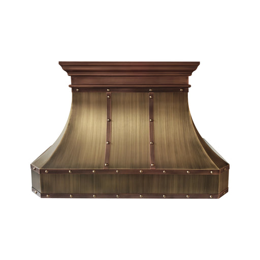 custom antique brass range hood with copper crown modling straps and rivets at rangehoodmaster
