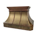 custom antique brass range hood with copper crown modling straps and rivets at rangehoodmaster