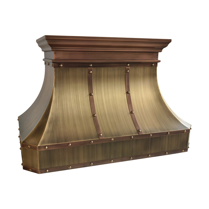 custom antique brass range hood with copper crown modling straps and rivets at rangehoodmaster