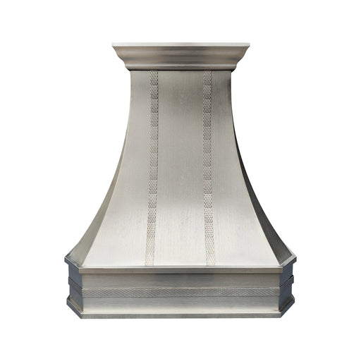 custom stainless steel range hood with oval pattern straps at Rangehoodmaster