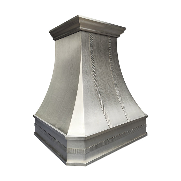 custom stainless steel range hood curved design with oval pattern straps at Rangehoodmaster