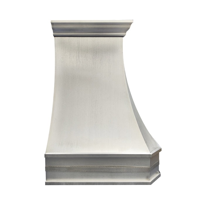 custom stainless steel range hood curved design with oval pattern straps at Rangehoodmaster