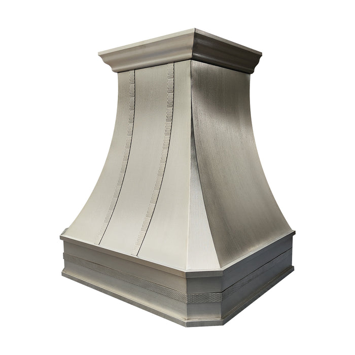 custom stainless steel range hood curved design with oval pattern straps at Rangehoodmaster