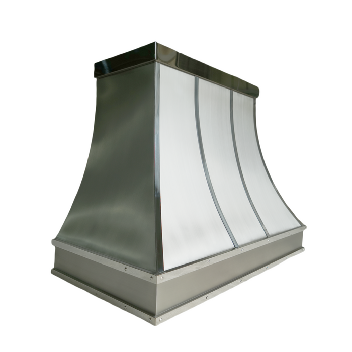 curved stainless steel range hood with mirror-like polished stainless steel straps and apron at RangeHoodMaster