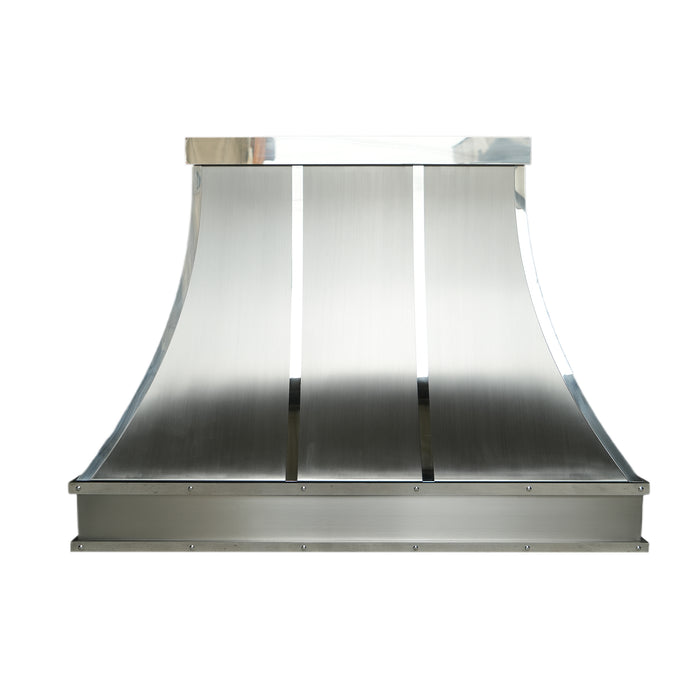 curved stainless steel range hood with mirror-like polished stainless steel straps and apron at RangeHoodMaster
