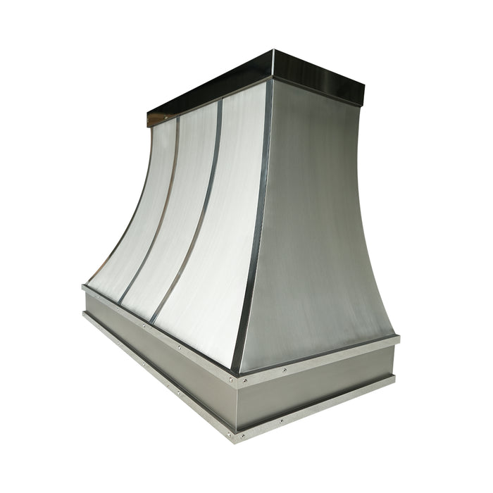 curved stainless steel range hood with mirror-like polished stainless steel straps and apron at RangeHoodMaster