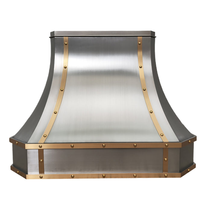 custom metal range hoods stainless steel hood vet with clipped corners and brushed brass straps and rivets at RangeHoodMaster
