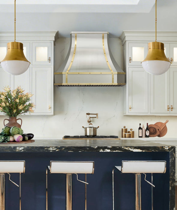 custom metal range hoods stainless steel hood vet with clipped corners and brushed brass straps and rivets at RangeHoodMaster