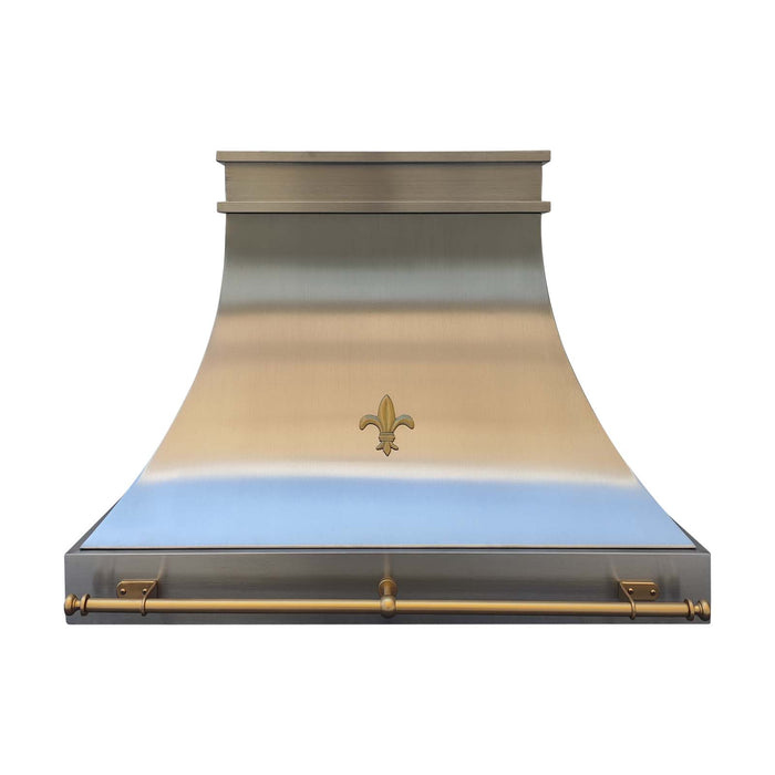 custom decorative metal range hoods in brushed brass finish with Fleur-de-Lis pattern and custom brass pot rail at RangeHoodMaster
