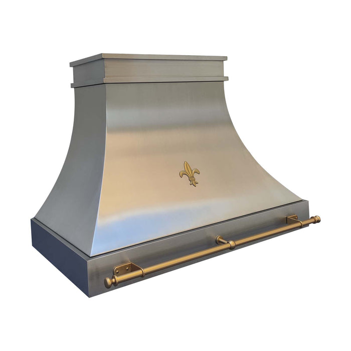 custom decorative metal range hoods in brushed brass finish with Fleur-de-Lis pattern and custom brass pot rail at RangeHoodMaster
