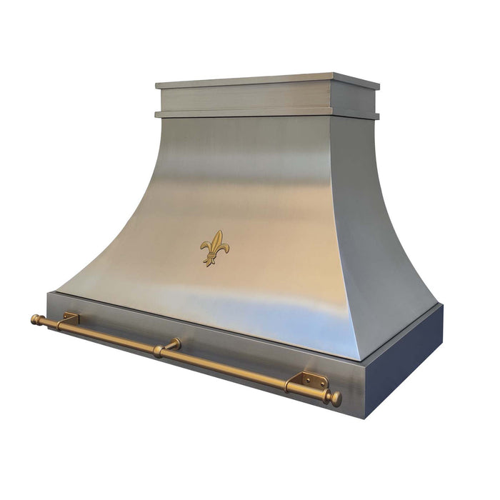 custom decorative metal range hoods in brushed brass finish with Fleur-de-Lis pattern and custom brass pot rail at RangeHoodMaster