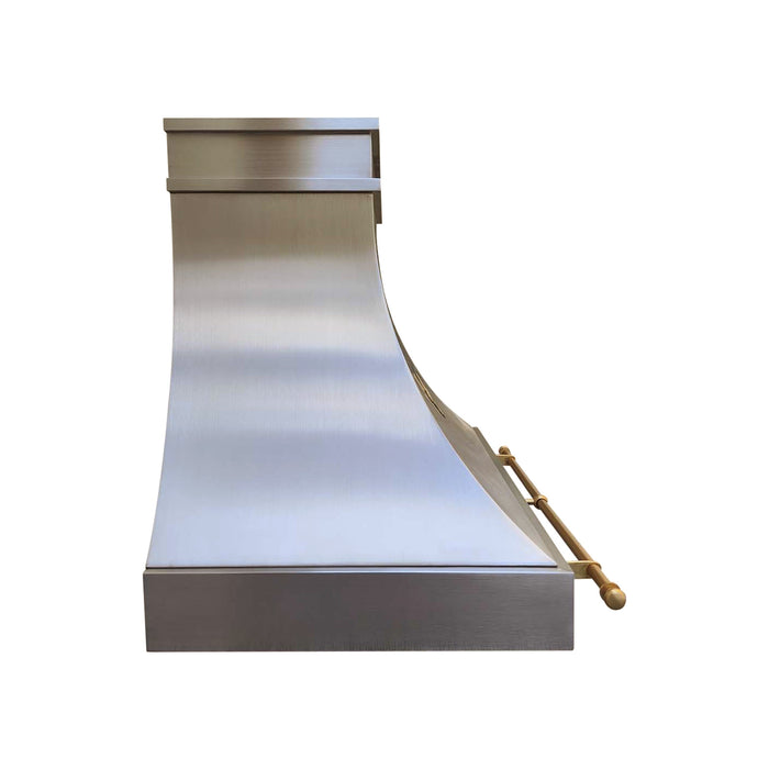 RHM Curved Stainless Steel Range Hood with Fleur-de-Lis and Brass Pot Rack SH7-FL-C2P