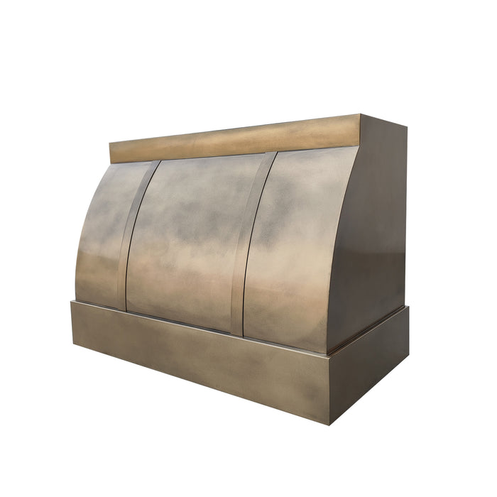 brass range hood custom non-directional antique brass body with straps barrel shape from RangeHoodMaster