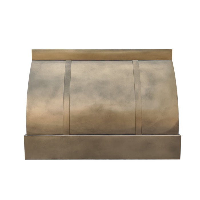 brass range hood custom non-directional antique brass body with straps barrel shape from RangeHoodMaster