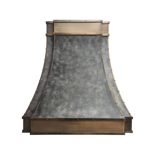 weathered blacken stainless steel custom range hoods with antique brushed brass straps and rivets modern curve shape at rangehoodmaster