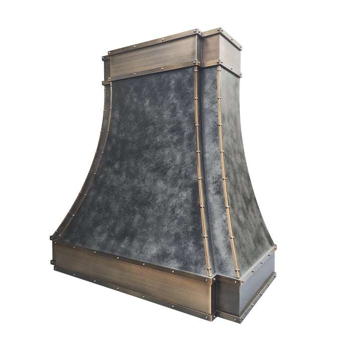 weathered blacken stainless steel custom range hoods with antique brushed brass straps and rivets modern curve shape at rangehoodmaster