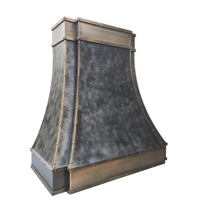 weathered blacken stainless steel custom range hoods with antique brushed brass straps and rivets modern curve shape at rangehoodmaster