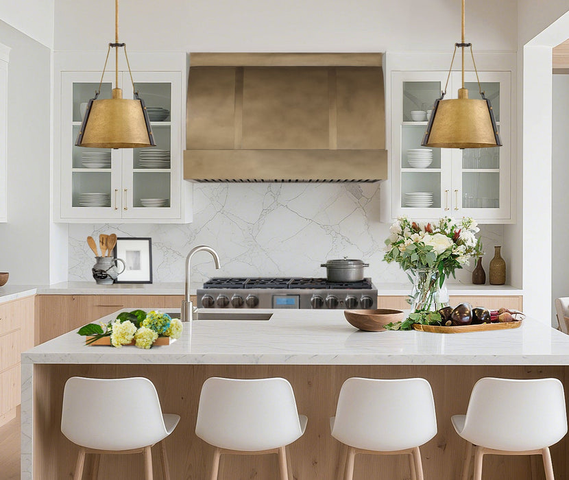 brass range hood custom non-directional antique brass body with straps barrel shape from RangeHoodMaster