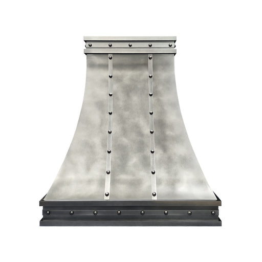 Custom antique blackened zinc curved range hood with stainless steel straps and rivets in industrial kitchen style