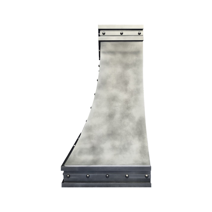 RHM Custom Antique Zinc Curved Range Hood with Stainless Steel Accents ZH7-AC7M
