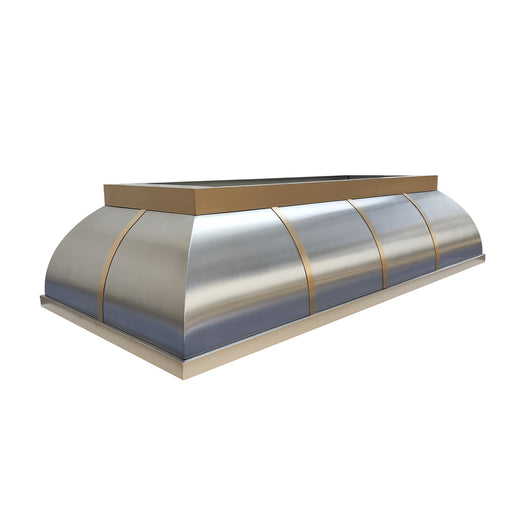 custom island mounted brushed stainless steel range hood with brushed brass straps bell shape for island kitchen at rangehoodmaster
