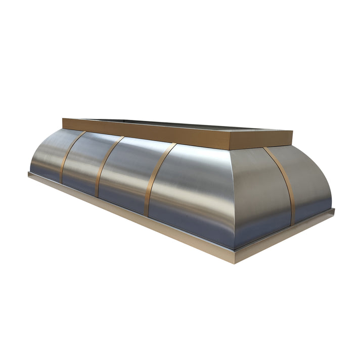 custom island mounted brushed stainless steel range hood with brushed brass straps bell shape for island kitchen at rangehoodmaster
