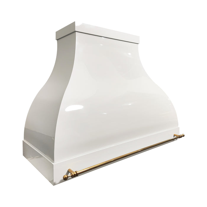 custom painted stainless steel glossy white range hood bell shape with crown and apron and gloden brushed brass pot rail at rangehoodmaster
