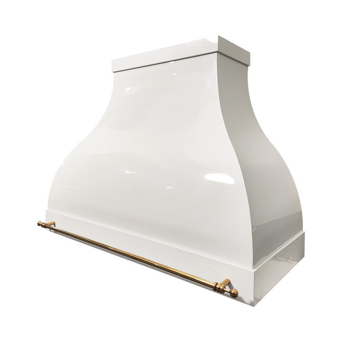custom painted stainless steel glossy white range hood bell shape with crown and apron and gloden brushed brass pot rail at rangehoodmaster