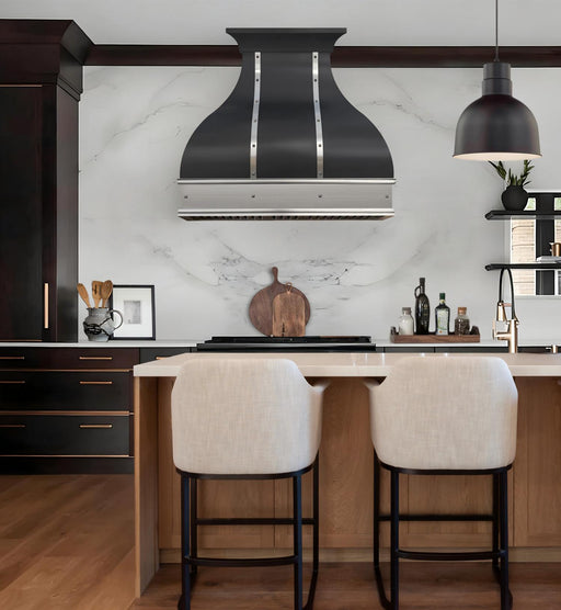 custom black stainless steel range hood with brushed stainless apron and square rivets