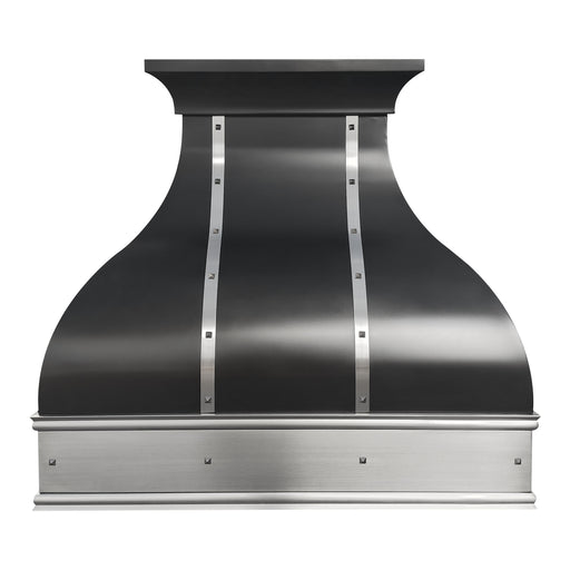 custom black stainless steel range hood with brushed stainless apron and square rivets