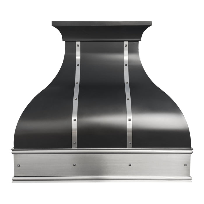 custom black stainless steel range hood with brushed stainless apron and square rivets