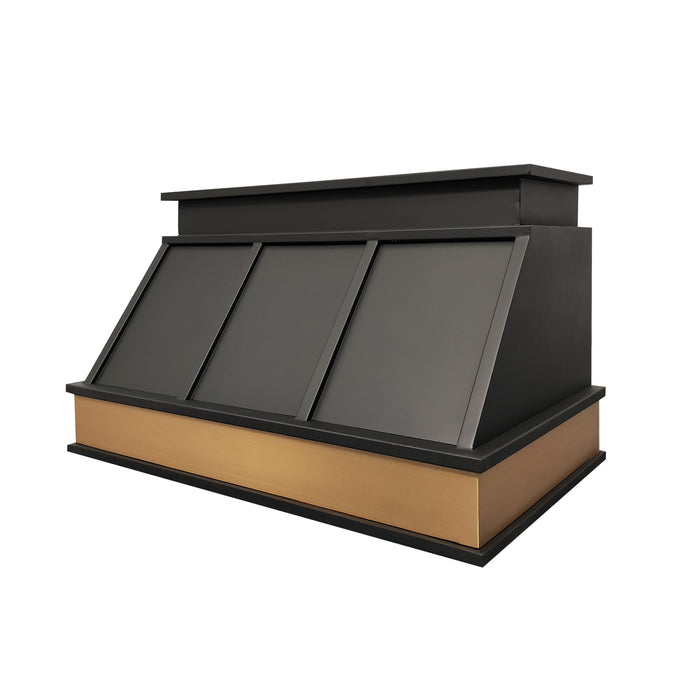custom black stainless range hood with brushed brass golden apron and dimensional trims at rangehoodmaster tailored for Texas