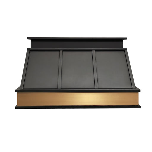 custom black stainless range hood with brushed brass golden apron and dimensional trims at rangehoodmaster tailored for Texas