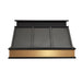 custom black stainless range hood with brushed brass golden apron and dimensional trims at rangehoodmaster tailored for Texas
