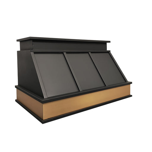 custom black stainless range hood with brushed brass golden apron and dimensional trims at rangehoodmaster tailored for Texas