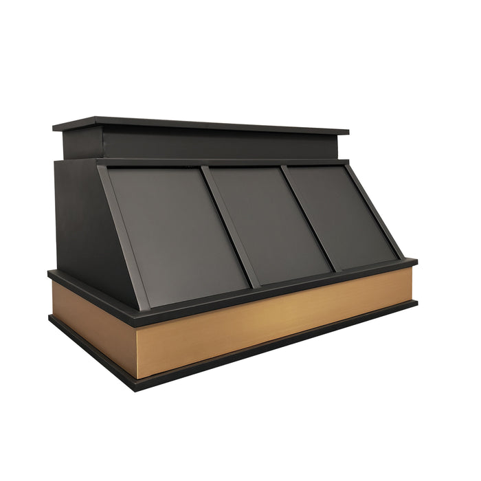 custom black stainless range hood with brushed brass golden apron and dimensional trims at rangehoodmaster tailored for Texas