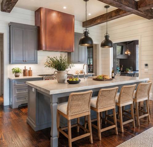Custom handcrafted box copper range hood with concave panels for luxury kitchen