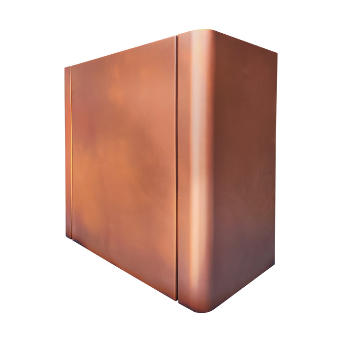 Custom handcrafted box copper range hood with concave panels for luxury kitchen