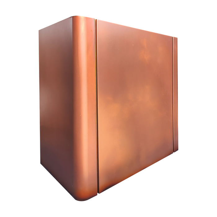 Custom handcrafted box copper range hood with concave panels for luxury kitchen